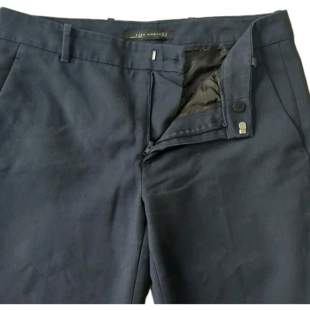 Zara Women Pants Medium Casual Flat Front Belt Loops Zip Chino Pkts Navy Blue M